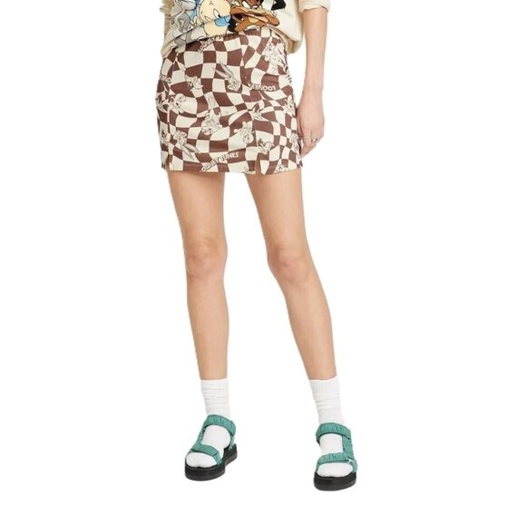 Looney Tunes Character Print Brown & Cream Geo Checkered Mini Skirt -- Women XS - Picture 2 of 7